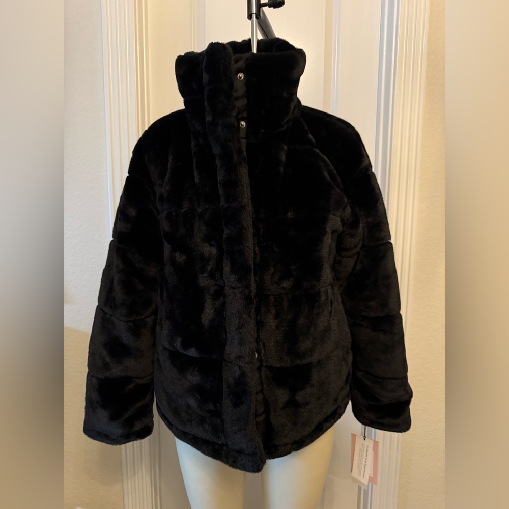 Avec Les Filles Black Faux Fur Collar Jacket, Black Fur coat